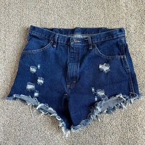 RUSTLER Cut Off Daisy Duke Denim Shorts Distressed Fray Hem High Rise Upcycle 36